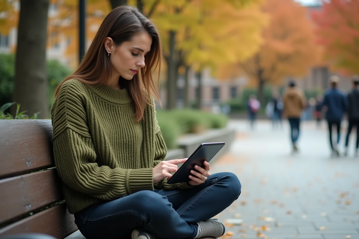 Étudiante consultant ses mails universitaires sur une tablette dans la cour du campus en automne