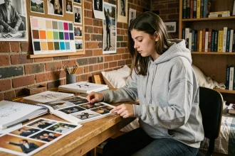Étudiante préparant son dossier de candidature pour intégrer l'école GOBELINS avec des sketchbooks et références photographiques sur sa table de travail