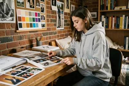 Étudiante préparant son dossier de candidature pour intégrer l'école GOBELINS avec des sketchbooks et références photographiques sur sa table de travail