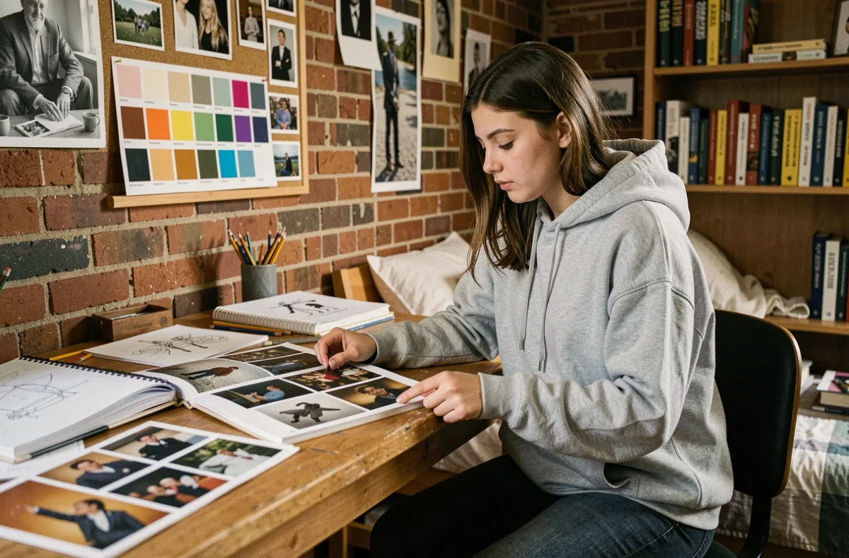 Étudiante préparant son dossier de candidature pour intégrer l'école GOBELINS avec des sketchbooks et références photographiques sur sa table de travail