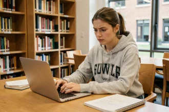 Étudiante utilisant la plateforme PSB Learn sur un ordinateur portable dans une bibliothèque universitaire moderne