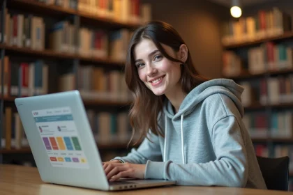 Étudiante naviguant sur le tableau de bord de son portail universitaire mycampus sur un ordinateur portable en bibliothèque