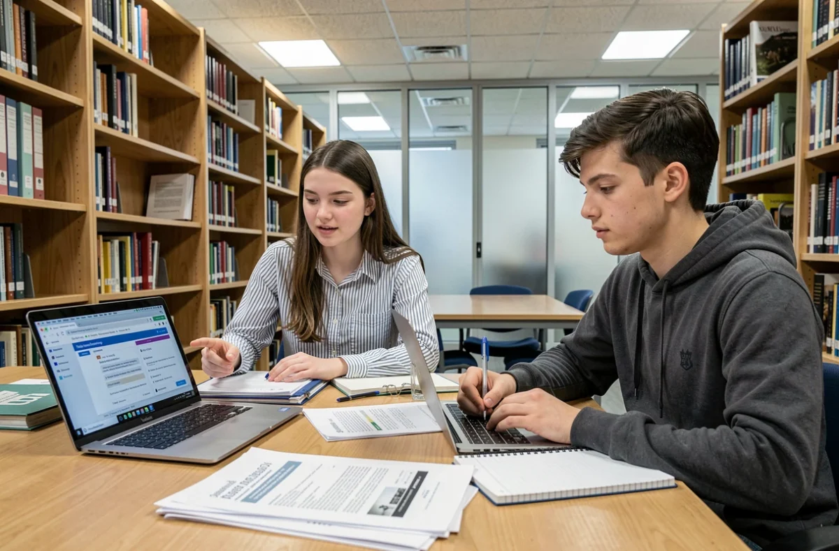 Deux étudiants de l'IUT de Bourges collaborant en bibliothèque sur leurs cours en ligne avec ordinateurs portables et documents imprimés