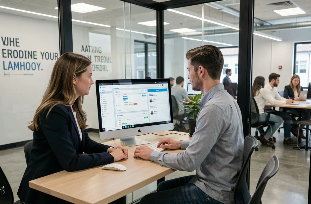 Deux étudiants en école de commerce collaborant devant un tableau de bord extranet sur un écran d'ordinateur dans un espace de travail vitré