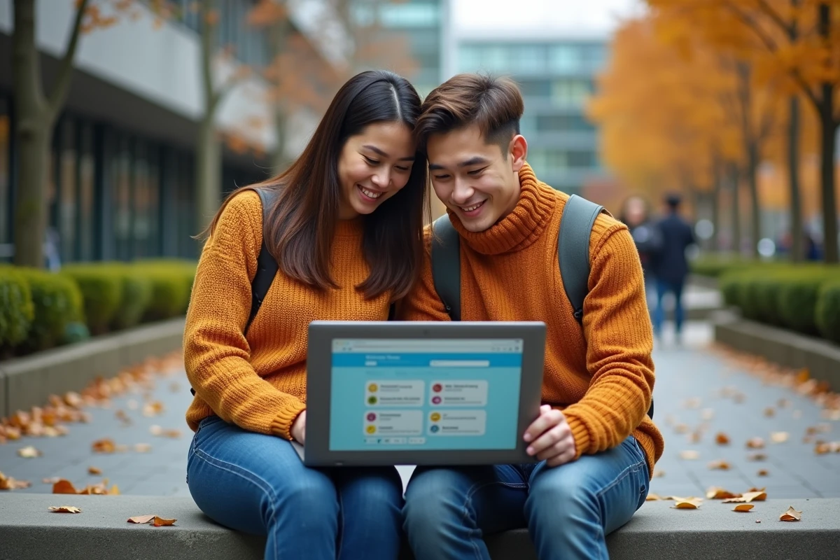 Deux étudiants consultant ensemble l'espace étudiant mjmcloud sur laptop en extérieur sur le campus