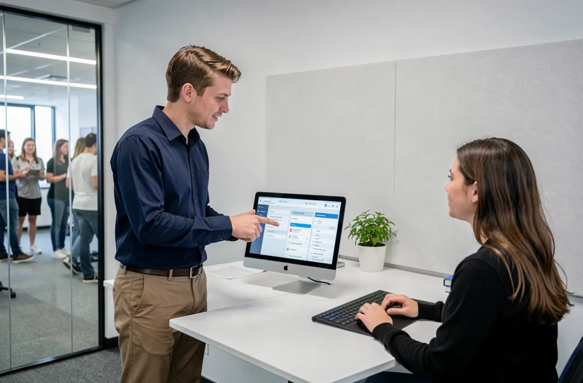 Deux étudiants discutant de l'interface PSB Learn sur une tablette dans un espace de travail collaboratif