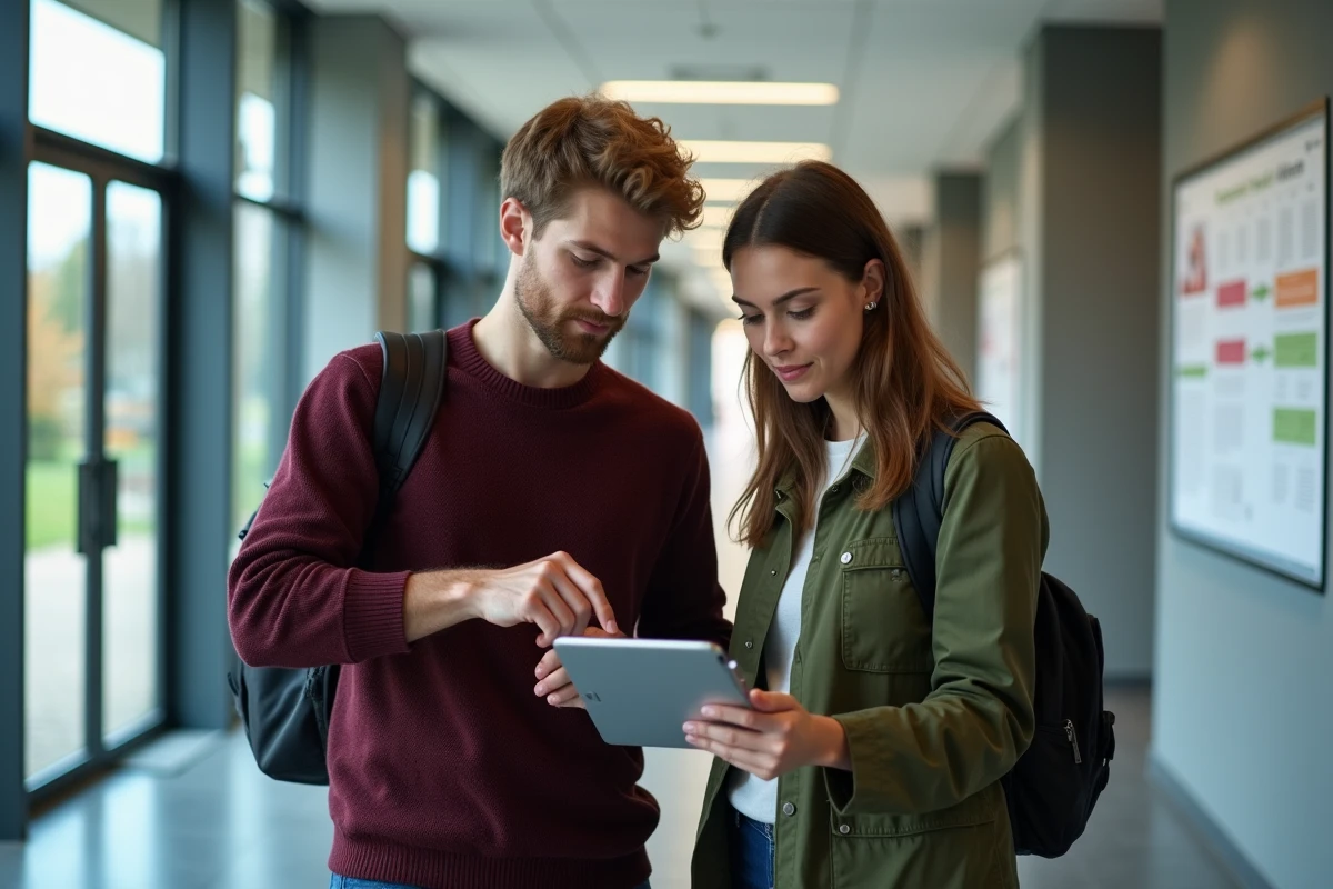 Deux étudiants en IUT consultant ensemble le portail ENT sur une tablette pour leurs démarches de stage