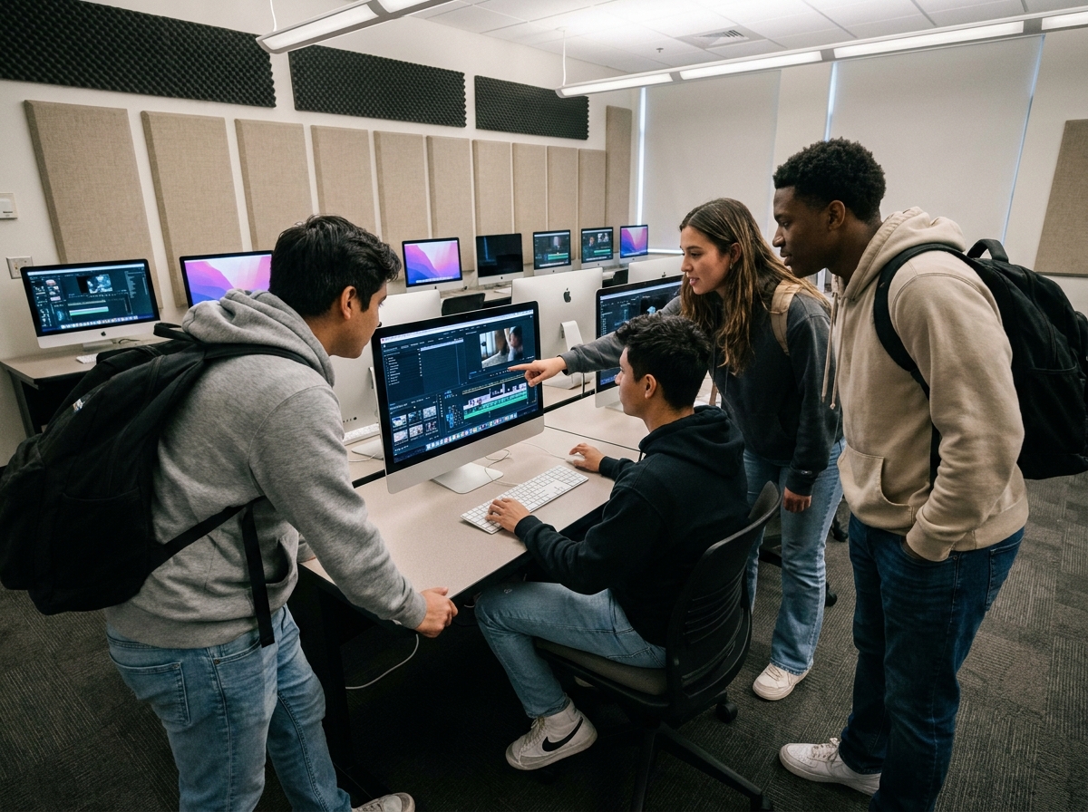 Groupe d'étudiants en cinéma travaillant sur un logiciel de montage vidéo dans une salle informatique