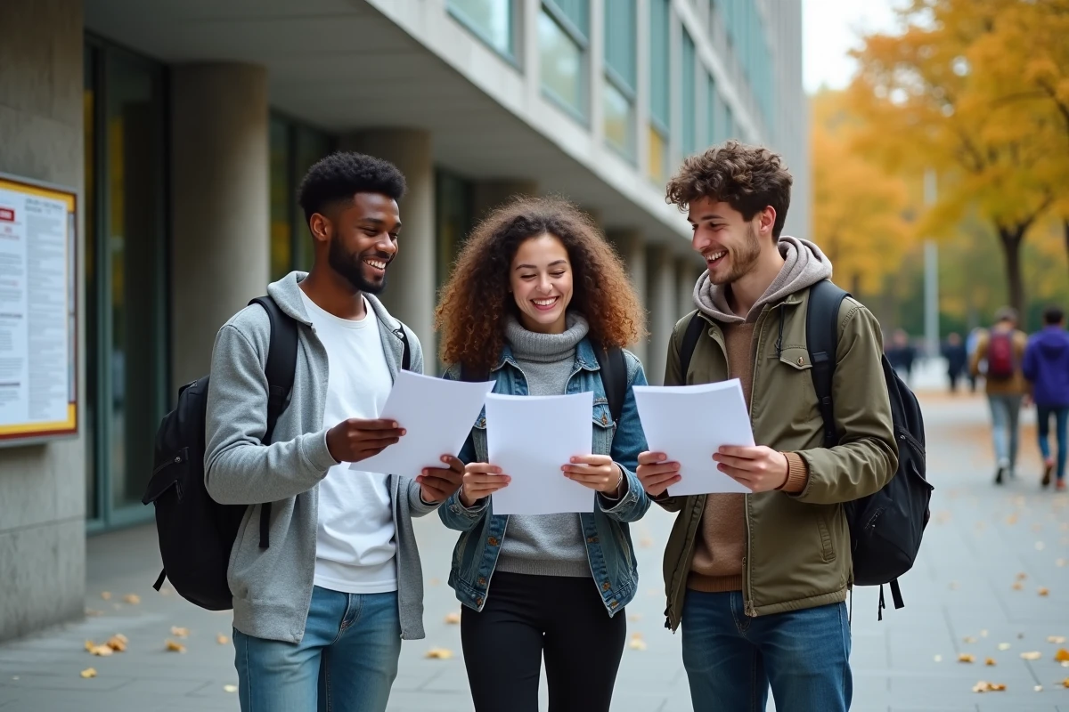 Groupe d'étudiants consultant les résultats affichés devant un bâtiment universitaire moderne en automne