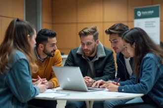 Groupe d'étudiants universitaires autour d'un ordinateur avec login sécurisé
