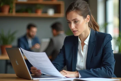 Professionnelle évaluant une plateforme de mentorat en ligne sur son ordinateur portable dans un bureau moderne