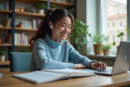 Femme souriante en écouteurs pratique l'anglais à domicile