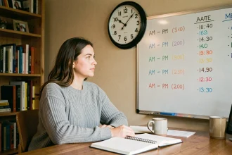 Femme apprenant la distinction AM PM en anglais avec une horloge murale et des notes sur tableau blanc