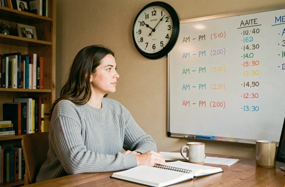 Femme apprenant la distinction AM PM en anglais avec une horloge murale et des notes sur tableau blanc