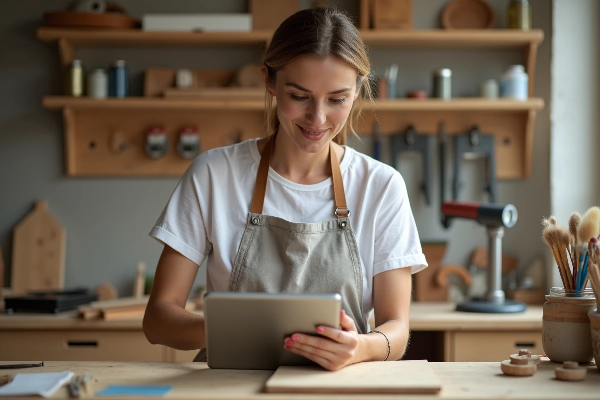 Femme consultant une plateforme DIY sur tablette dans un atelier artisanal à domicile