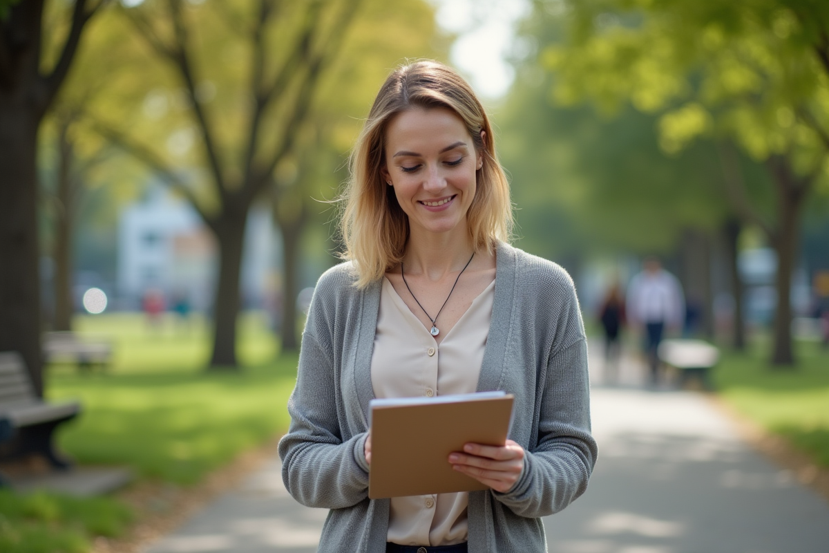 Femme souriante consulte un notepad dans un parc urbain