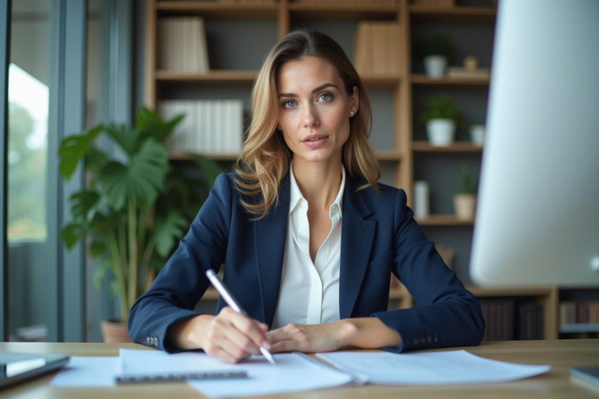 Femme en blazer navy dans un bureau lumineux