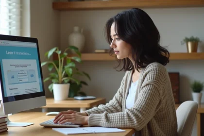 Femme concentrée travaillant sur son ordinateur dans un bureau lumineux