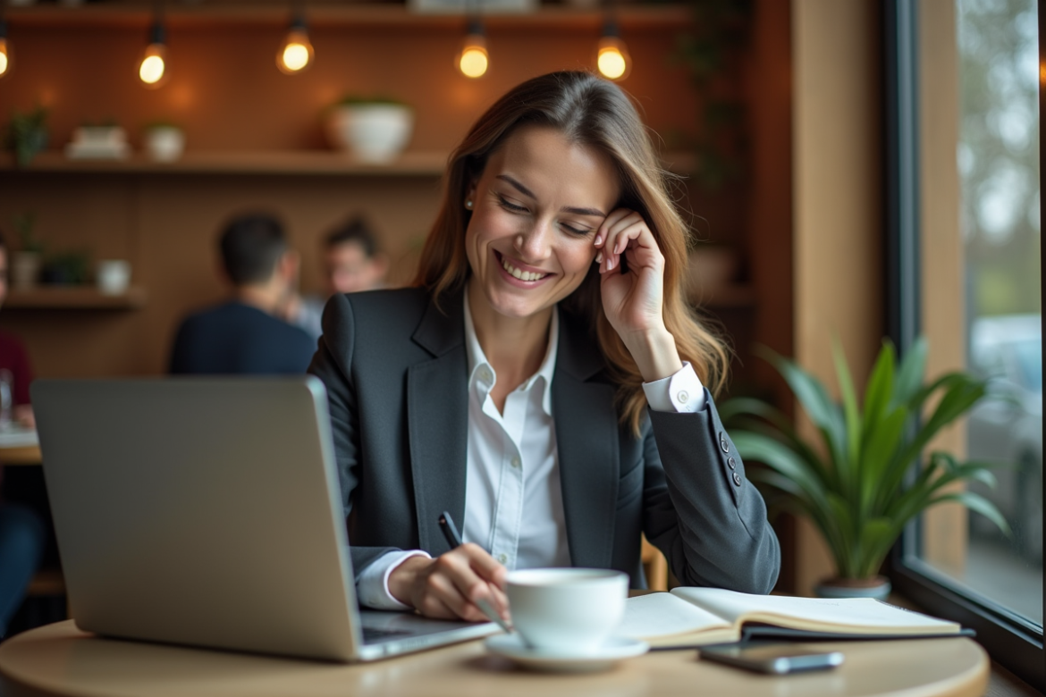 Femme d'affaires souriante dans un café pour l'article {titre}