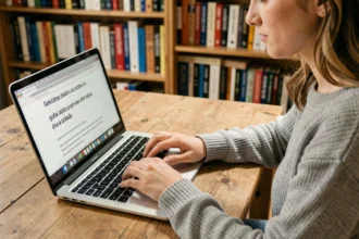 Jeune femme tapant des caractères espagnols avec accent sur un clavier QWERTY connecté à un ordinateur portable