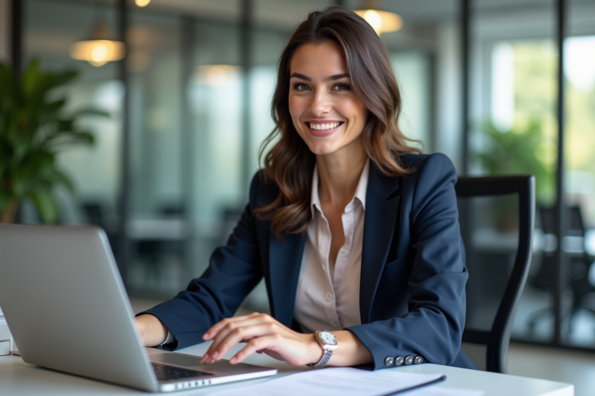 Femme confiante en blazer navy dans un bureau moderne
