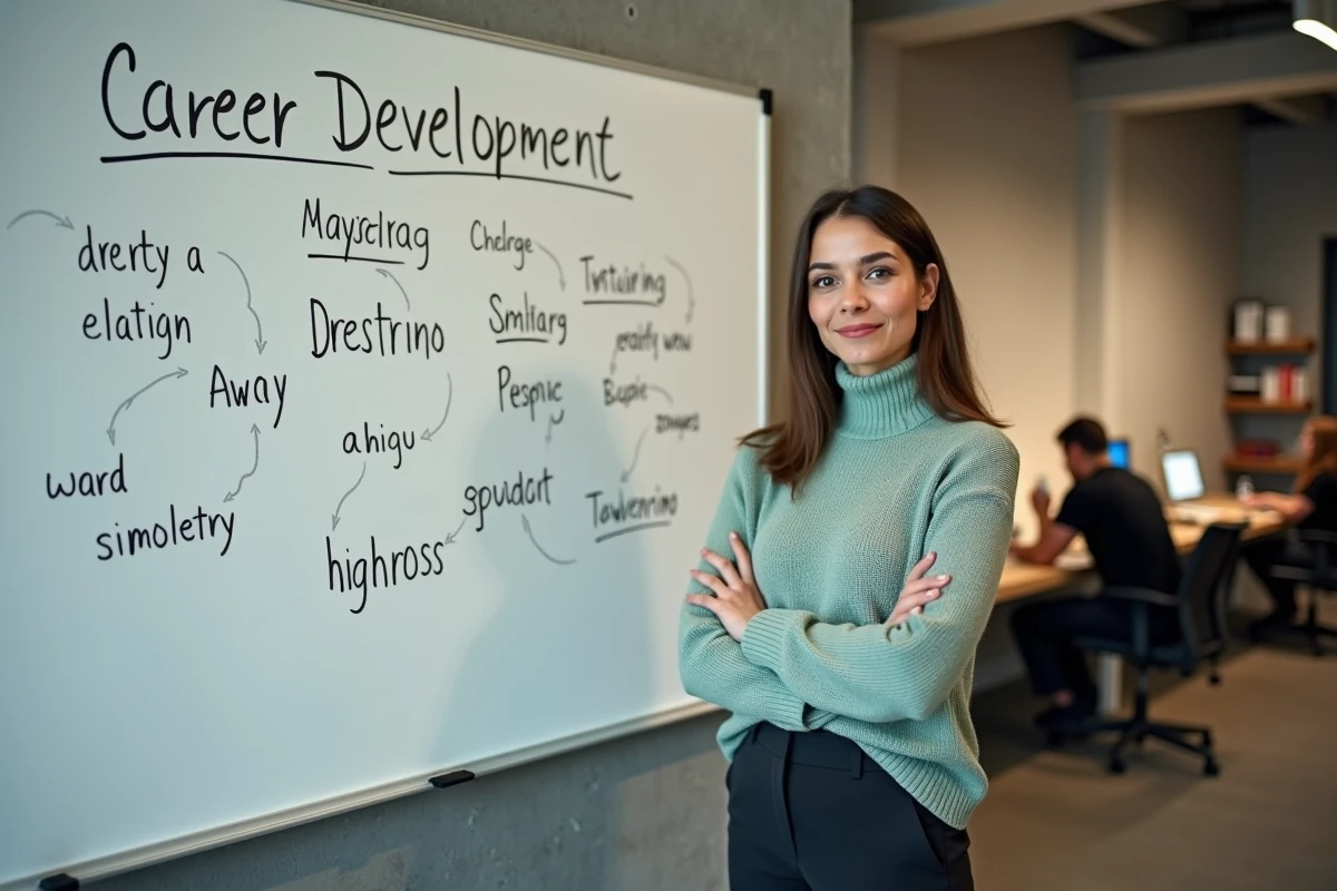 Femme confiante devant un tableau blanc avec carte mentale de reconversion dans un espace de coworking moderne