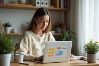 Femme créatrice graphique travaillant sur des modèles Canva depuis son bureau à domicile pour monétiser ses créations