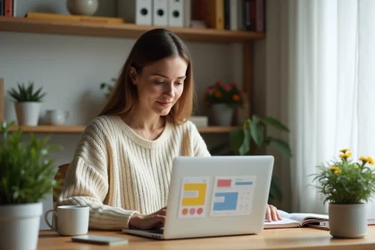 Femme créatrice graphique travaillant sur des modèles Canva depuis son bureau à domicile pour monétiser ses créations