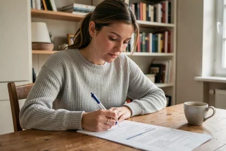 Femme remplissant un dossier administratif CAF à la maison avec des documents officiels sur la table