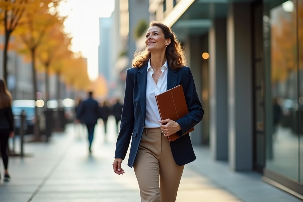 Femme dynamique marchant en ville avec portfolio sous le bras, symbolisant l'élan vers une nouvelle carrière professionnelle