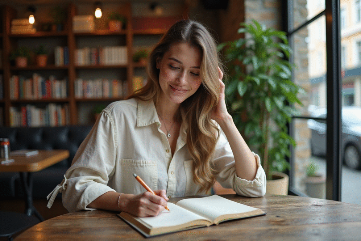 Jeune femme écrivant dans un carnet de voyage dans un café cosy