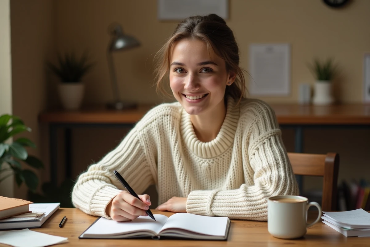 Jeune femme écrivant dans un carnet sur un bureau en bois, illustrant une méthode d'exercices d'écriture progressive pour débutants