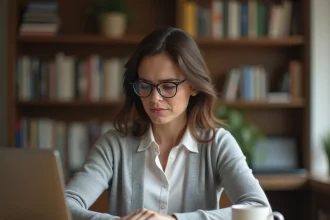 Femme utilisant un ordinateur portable affichant une erreur de connexion sur le portail NÉO Yvelines