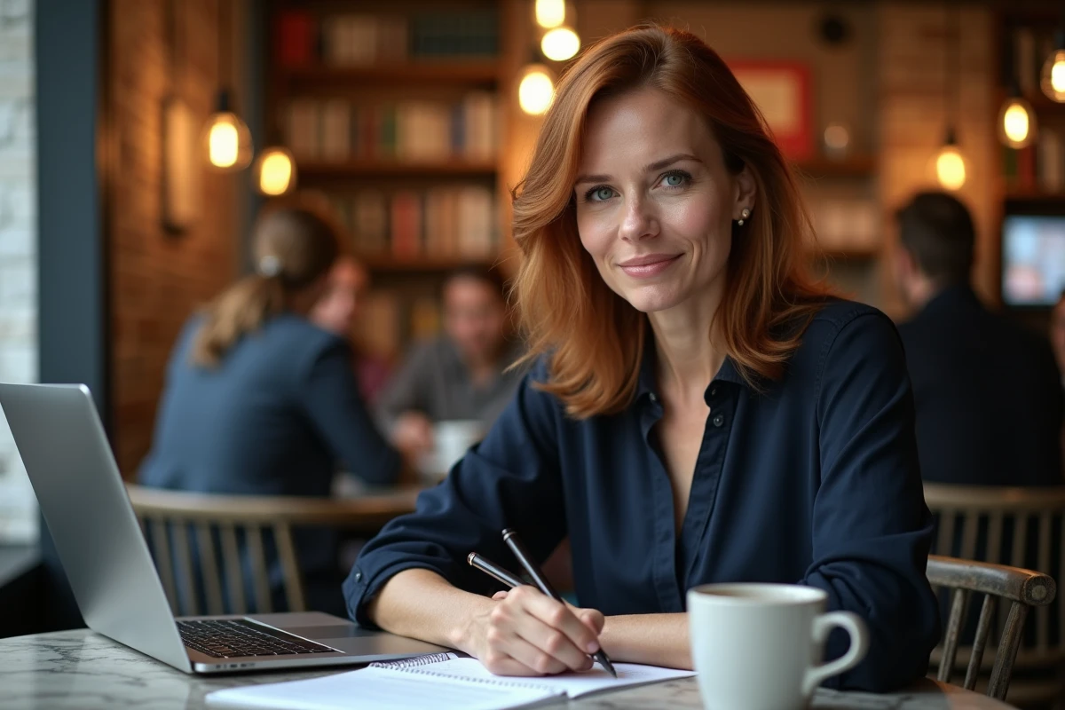 Femme travaillant sur des exercices d'écriture PDF dans un café avec carnet et ordinateur portable, approche progressive pour débutants