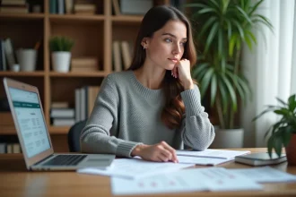 Femme consultant une fiche métier Pôle Emploi à son bureau à domicile pour orienter sa reconversion professionnelle