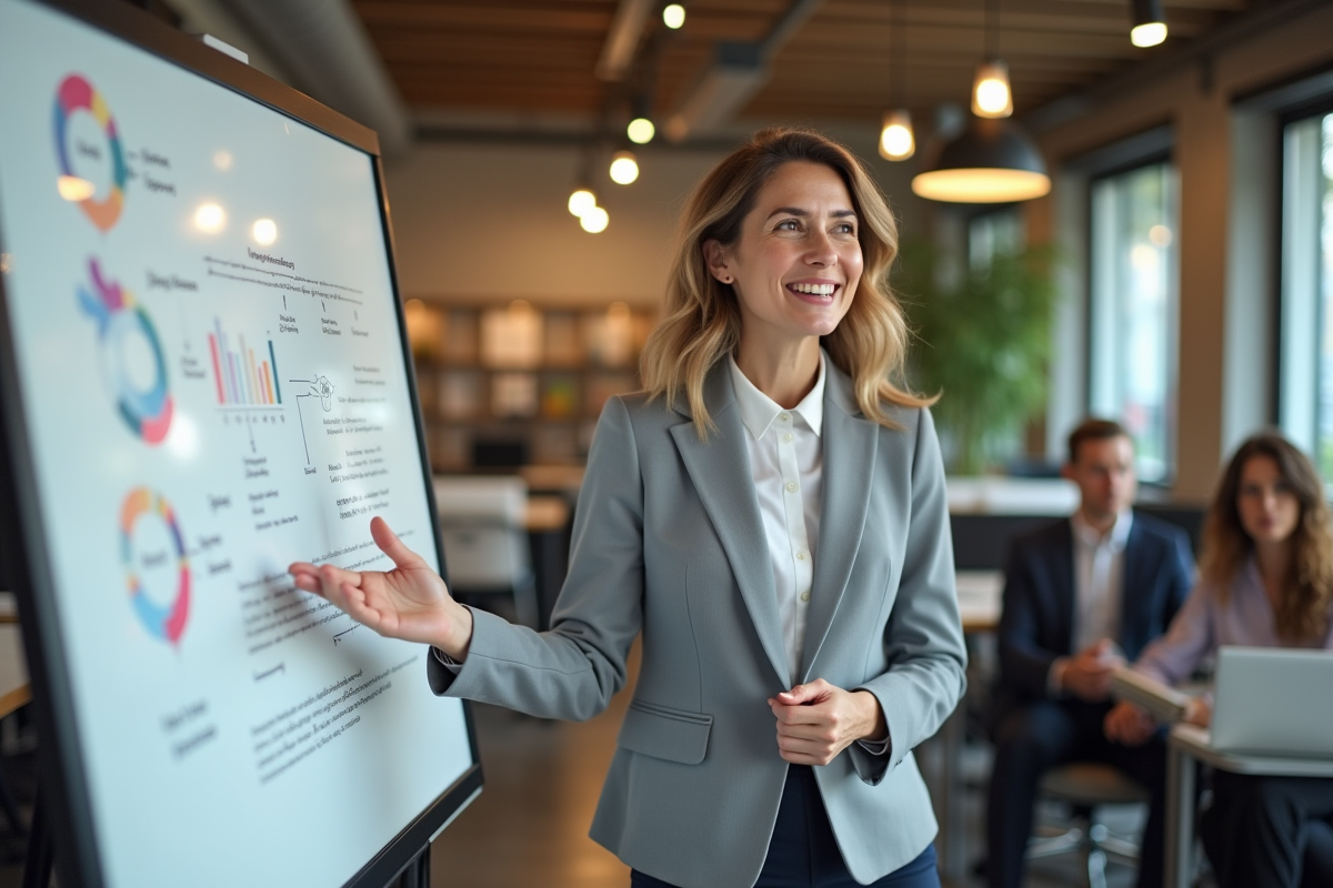 Femme en blazer donnant une formation en entreprise