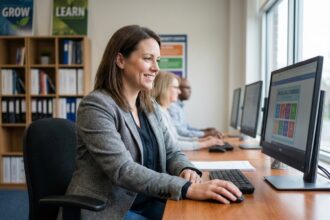 Femme souriante en formation digitale dans un centre moderne