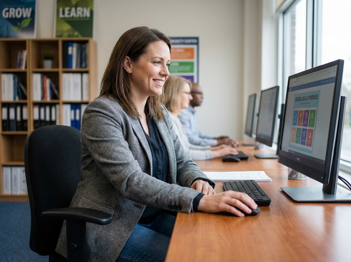 Femme souriante en formation digitale dans un centre moderne
