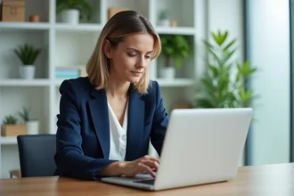 Femme concentrée remplissant un formulaire d'abonnement en ligne sur un ordinateur portable dans un bureau à domicile moderne