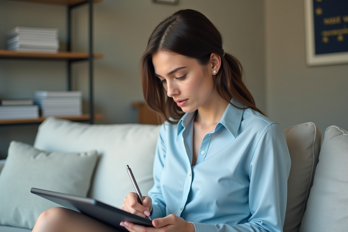 Jeune femme remplissant un formulaire légal sur une tablette
