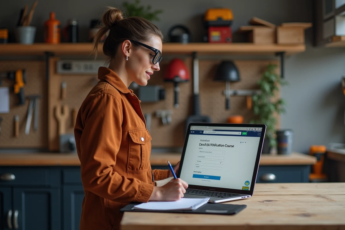 Femme bricoleur prenant des notes devant un écran d'inscription à une certification formation bricolage en ligne