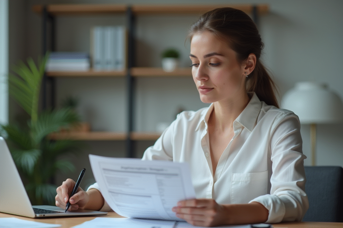 Femme en train de lire un formulaire CAF dans un bureau moderne