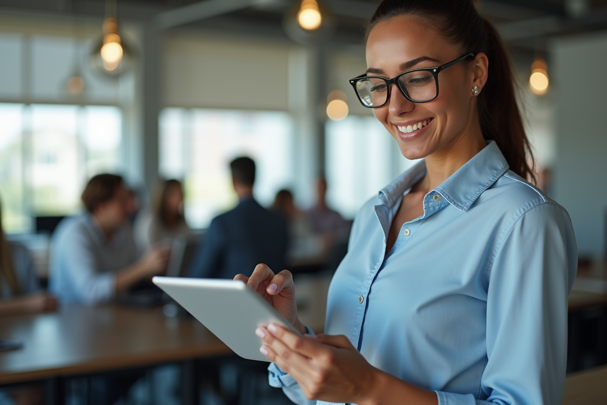 Femme confiante regardant une tablette dans un espace de coworking