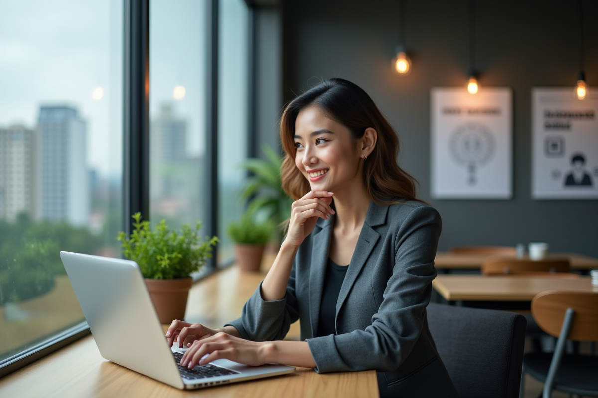 Femme confiante travaillant sur un ordinateur en coworking