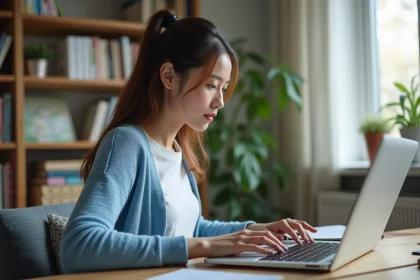 Jeune femme concentrée sur son ordinateur pour accéder au portail scolaire