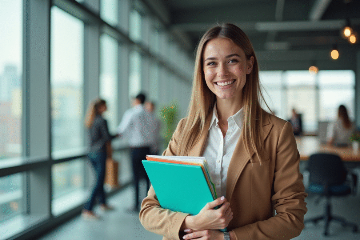 Jeune femme professionnelle souriante dans un bureau moderne