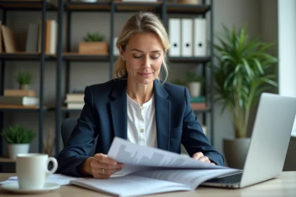 Femme professionnelle lisant un magazine business à son bureau pour évaluer un abonnement
