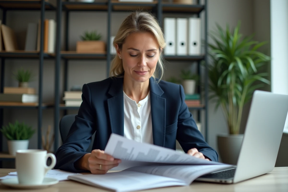 Femme professionnelle lisant un magazine business à son bureau pour évaluer un abonnement