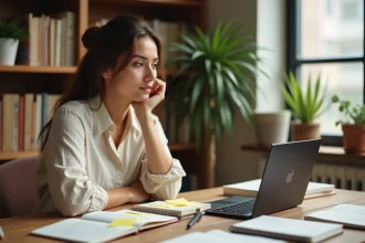 Femme en pleine réflexion sur sa reconversion professionnelle devant un bureau avec cahiers et ordinateur portable ouvert