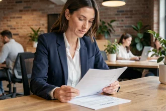 Femme professionnelle en reconversion consultant une liste de métiers pour planifier sa carrière en 2026